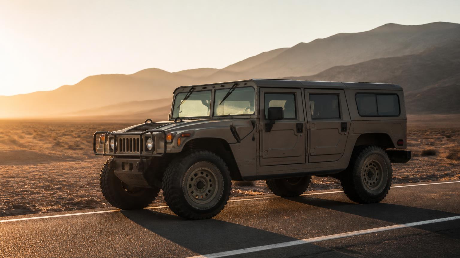 Tan Hummer H1 wagon on an open desert highway at golden hour